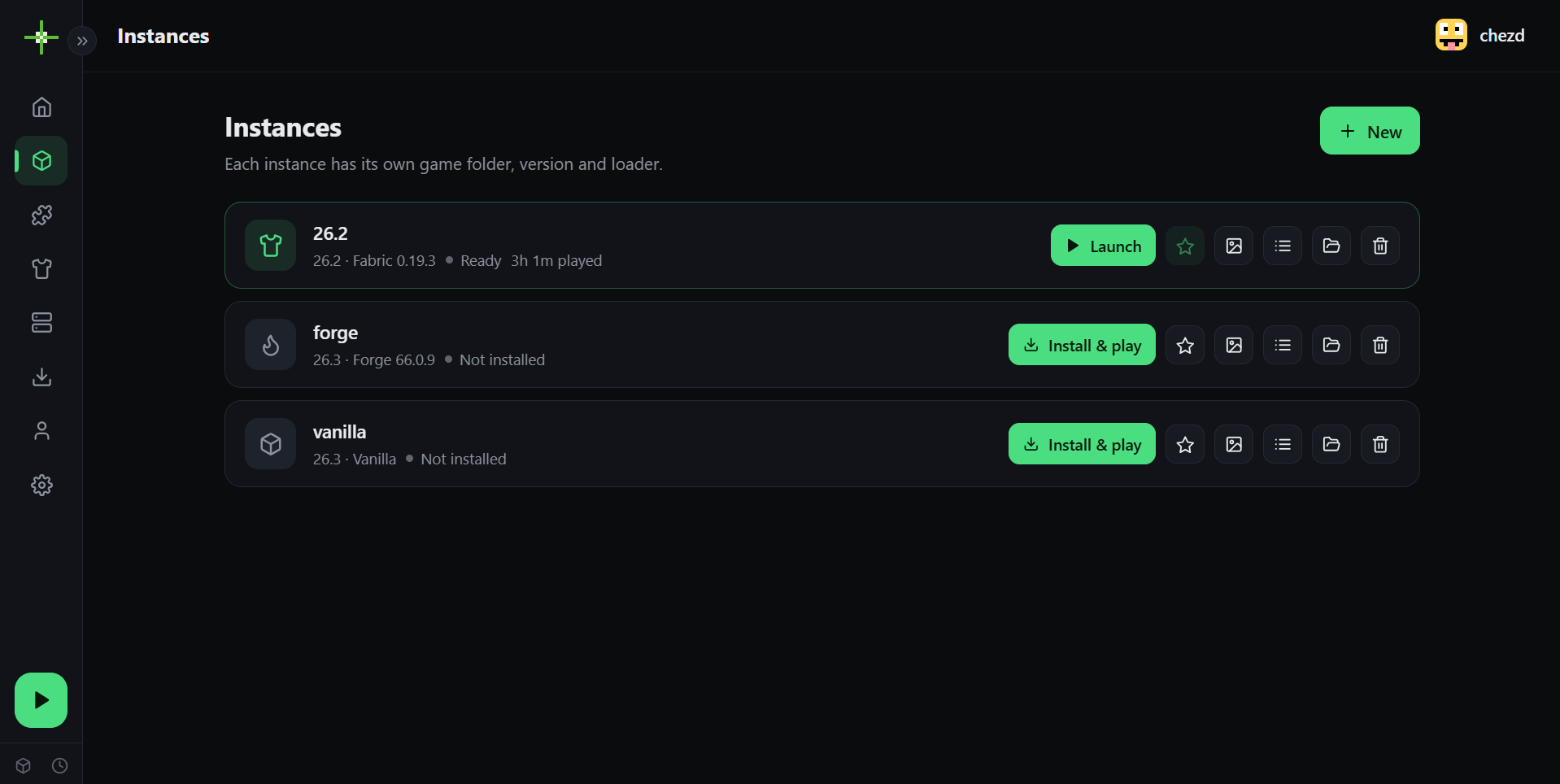 Crit Launcher's instances screen, showing a list of Minecraft instances