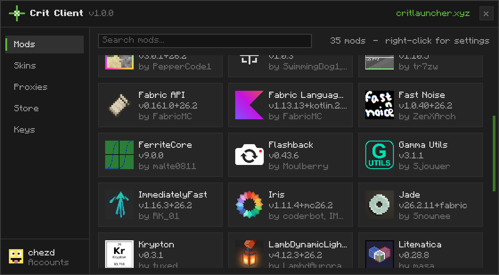 Crit Client's in-game menu with overlays, accounts, skins and addons